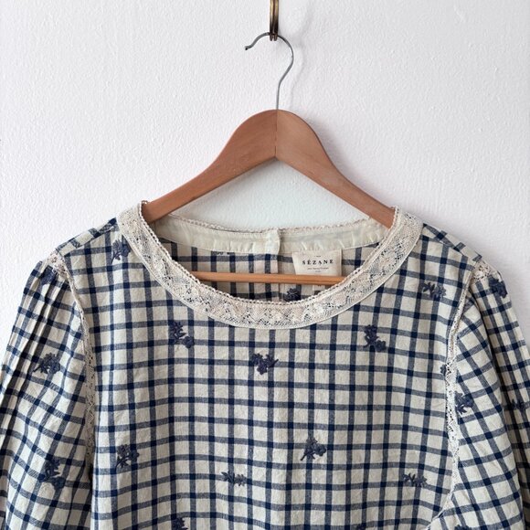 Sezane Thalyna Blouse Blue Floral Embroidery on Vichy Fabric - Picture 5 of 10